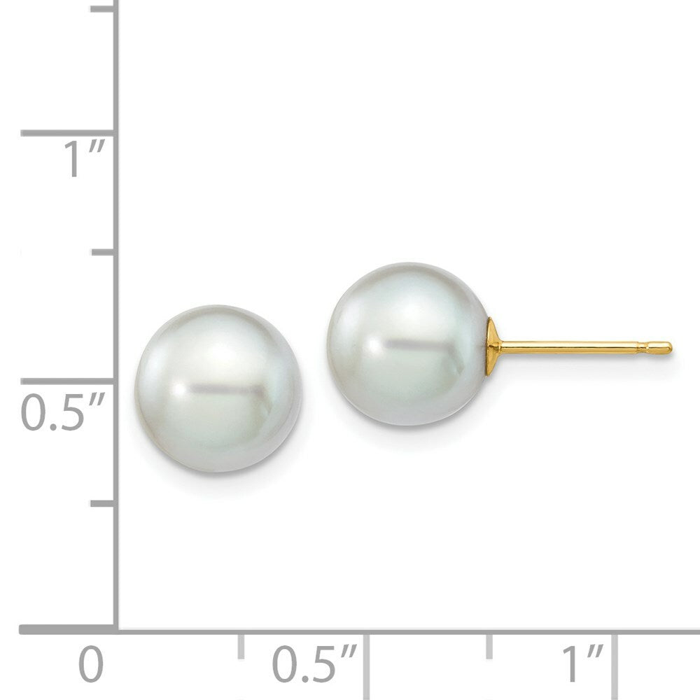 14K Yellow Gold 8-9mm Round Grey Saltwater Akoya Cultured Pearl Stud Earrings