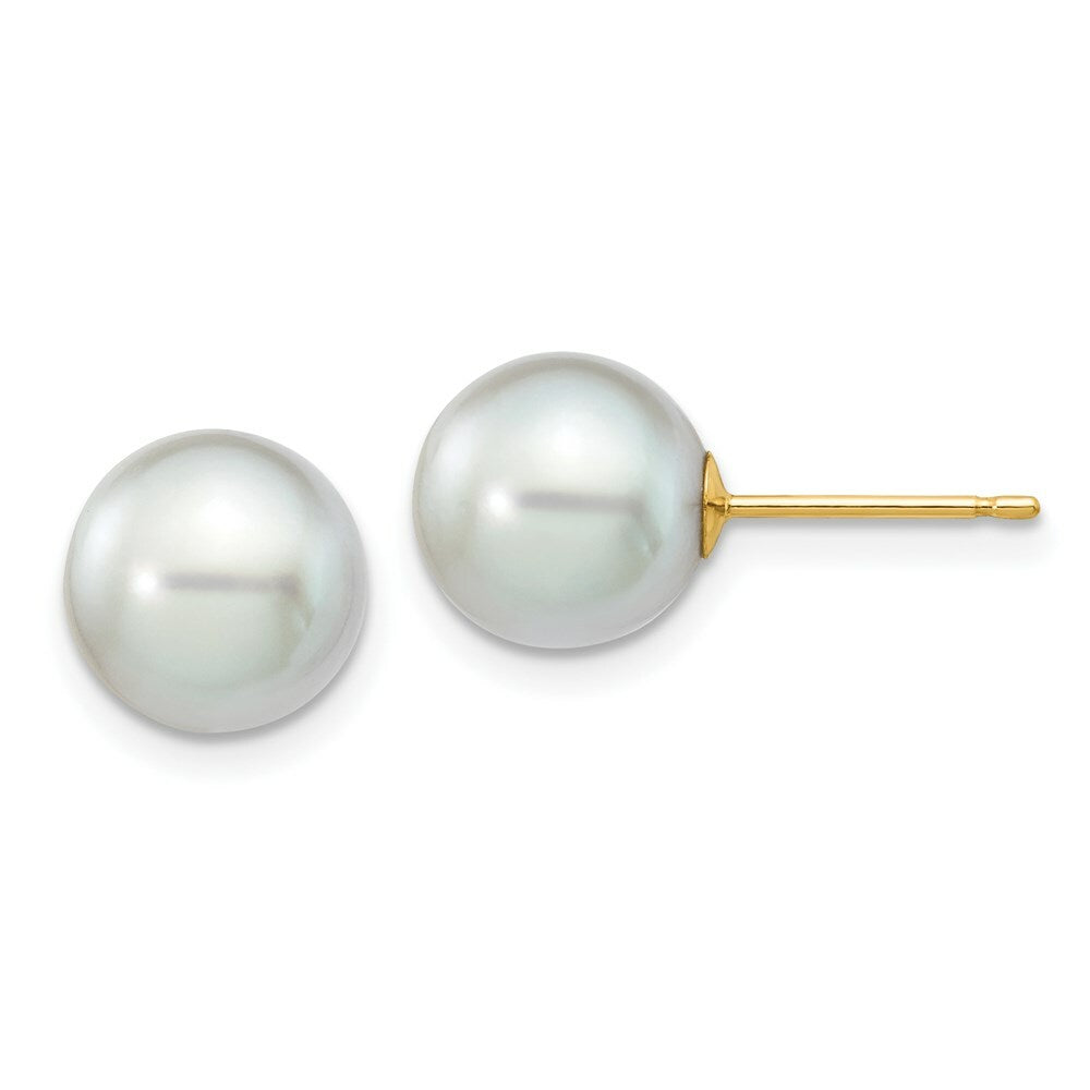 14K Yellow Gold 8-9mm Round Grey Saltwater Akoya Cultured Pearl Stud Earrings
