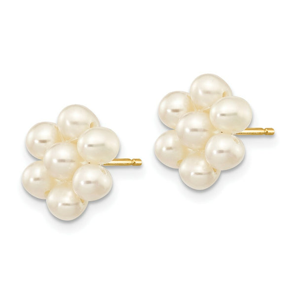 14K Yellow Gold Medium Egg White Freshwater Cultured Pearl Flower Earrings