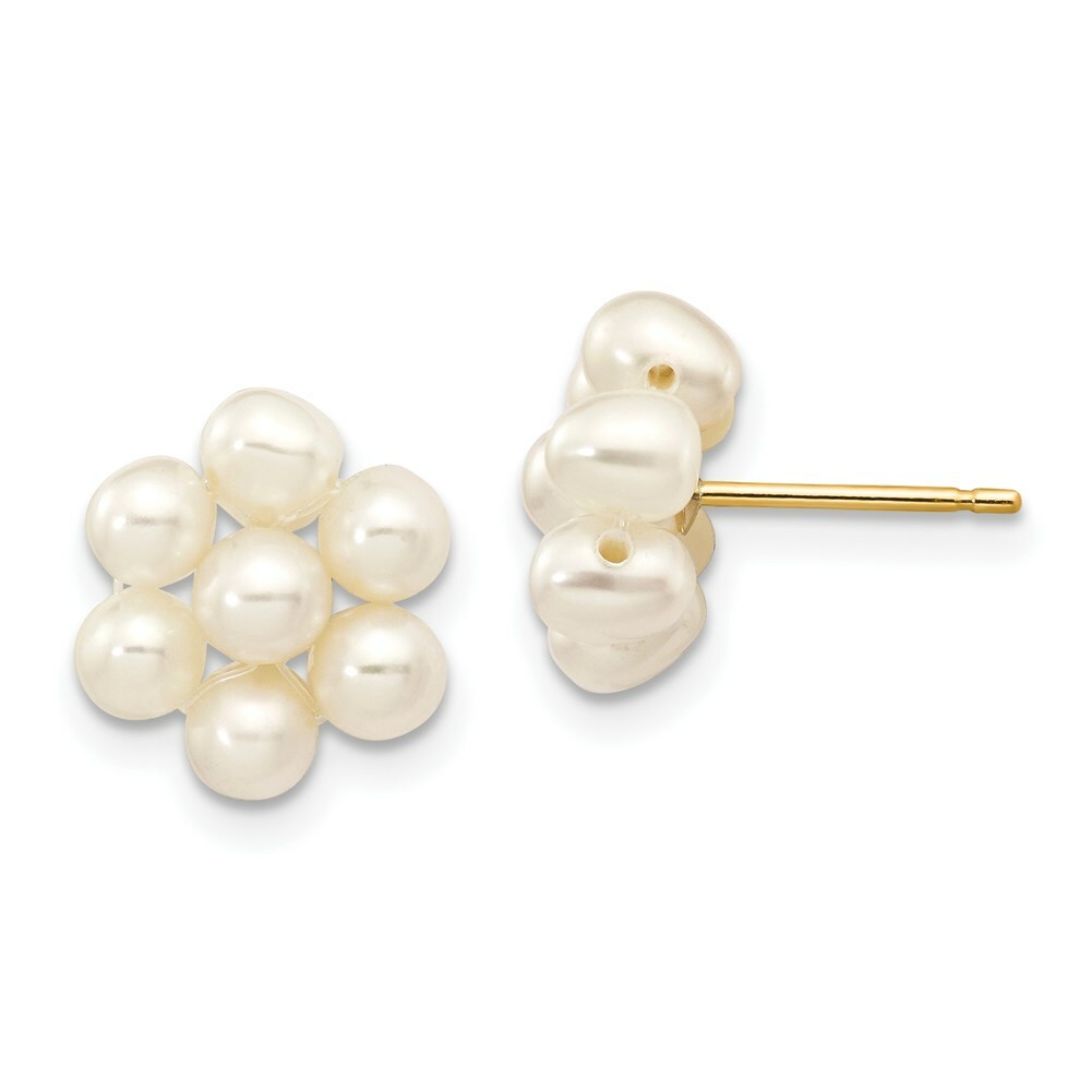 14K Yellow Gold Medium Egg White Freshwater Cultured Pearl Flower Earrings