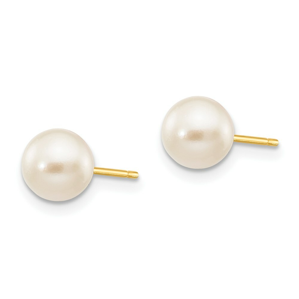14K Yellow Gold 6-7mm Round White Saltwater Akoya Cultured Pearl Stud Earrings