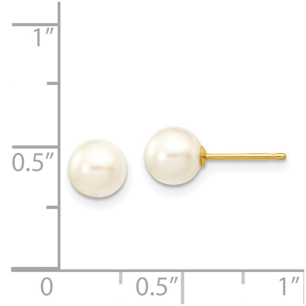 14K Yellow Gold 6-7mm Round White Saltwater Akoya Cultured Pearl Stud Earrings