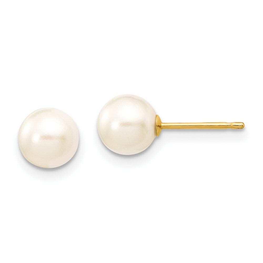 14K Yellow Gold 6-7mm Round White Saltwater Akoya Cultured Pearl Stud Earrings