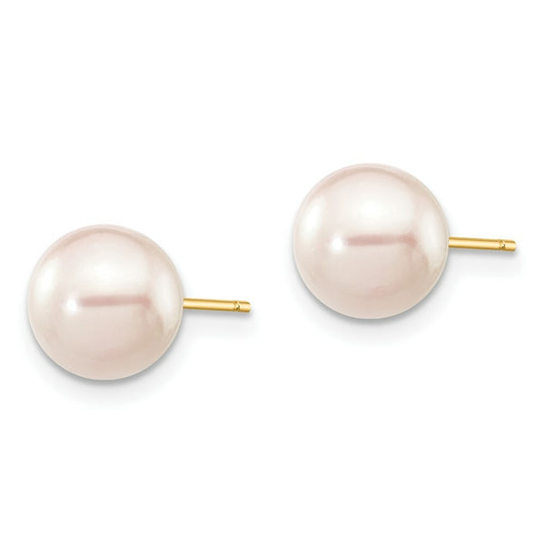14K Yellow Gold 7-8mm Round White Saltwater Akoya Cultured Pearl Stud Earrings