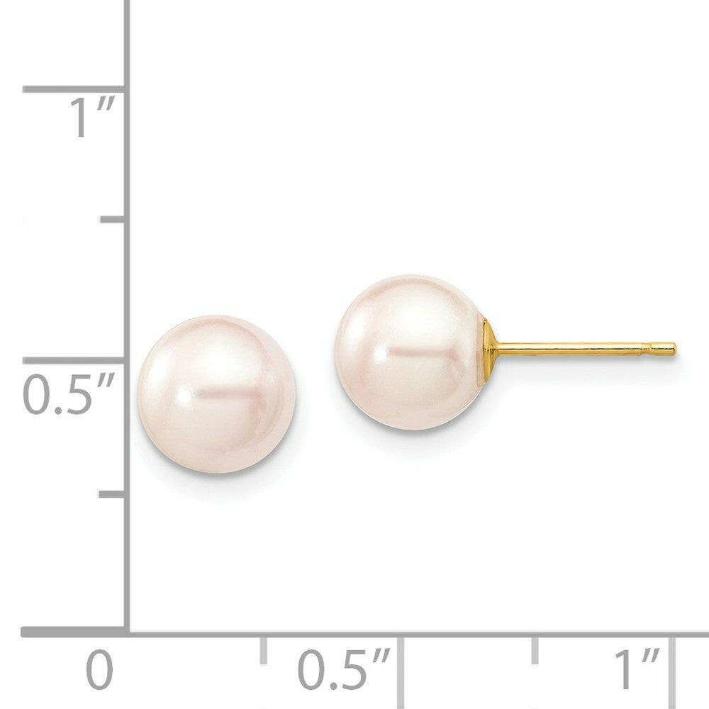 14K Yellow Gold 7-8mm Round White Saltwater Akoya Cultured Pearl Stud Earrings