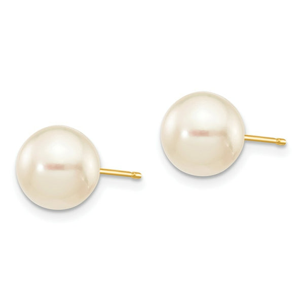 14K Yellow Gold 8-9mm Round White Saltwater Akoya Cultured Pearl Stud Earrings