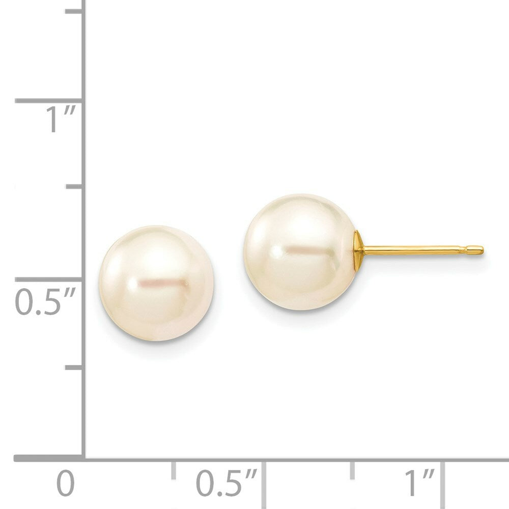 14K Yellow Gold 8-9mm Round White Saltwater Akoya Cultured Pearl Stud Earrings