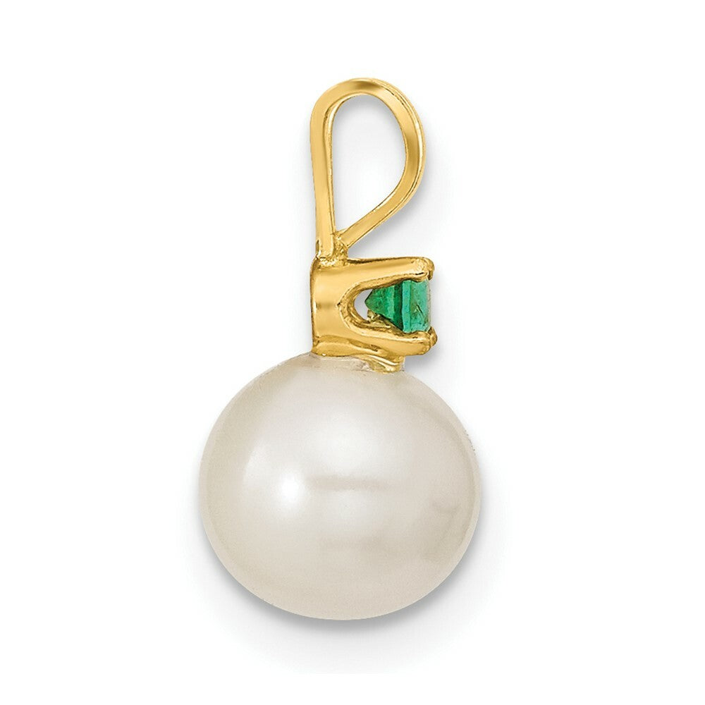 14k Yellow Gold 7-8mm White Freshwater Cultured Pearl & Emerald Stud Earrings & Pendant Set