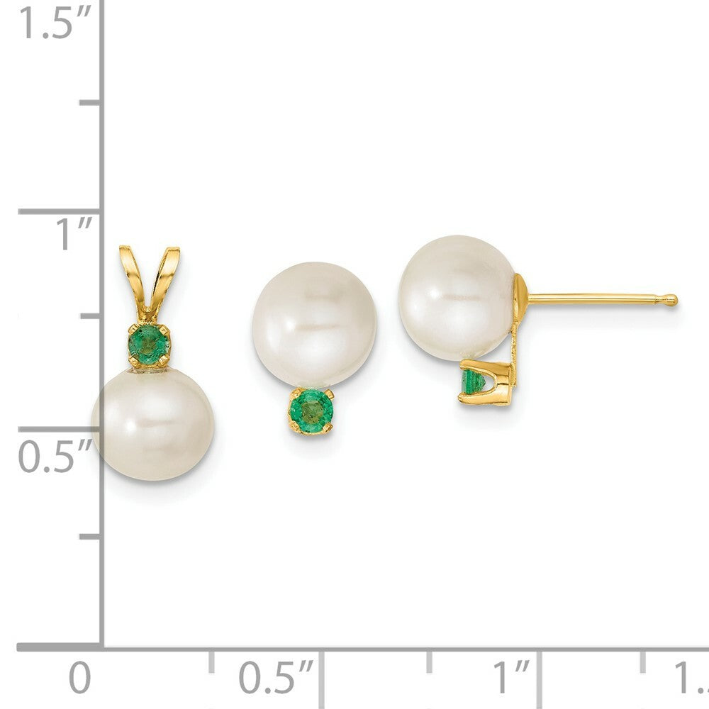 14k Yellow Gold 7-8mm White Freshwater Cultured Pearl & Emerald Stud Earrings & Pendant Set