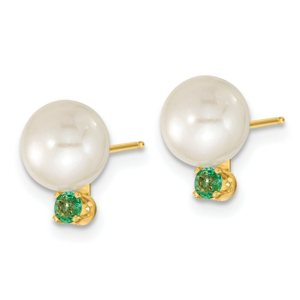 14k Yellow Gold 7-8mm White Freshwater Cultured Pearl & Emerald Stud Earrings & Pendant Set