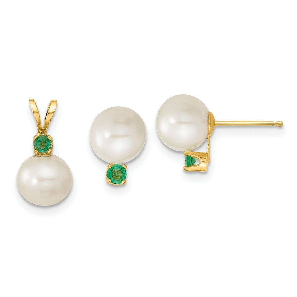 14k Yellow Gold 7-8mm White Freshwater Cultured Pearl & Emerald Stud Earrings & Pendant Set