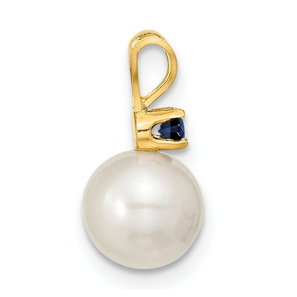14k Yellow Gold 7-8mm White Freshwater Cultured Pearl & Sapphire Stud Ear & Pendant Set