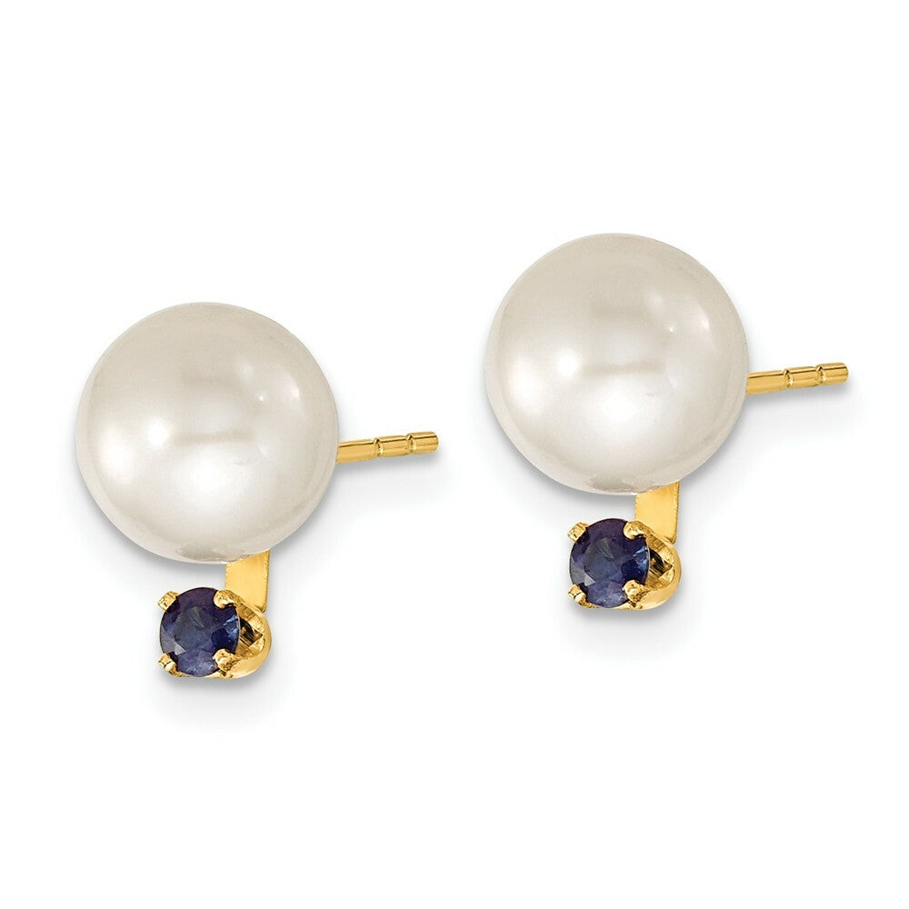 14k Yellow Gold 7-8mm White Freshwater Cultured Pearl & Sapphire Stud Ear & Pendant Set