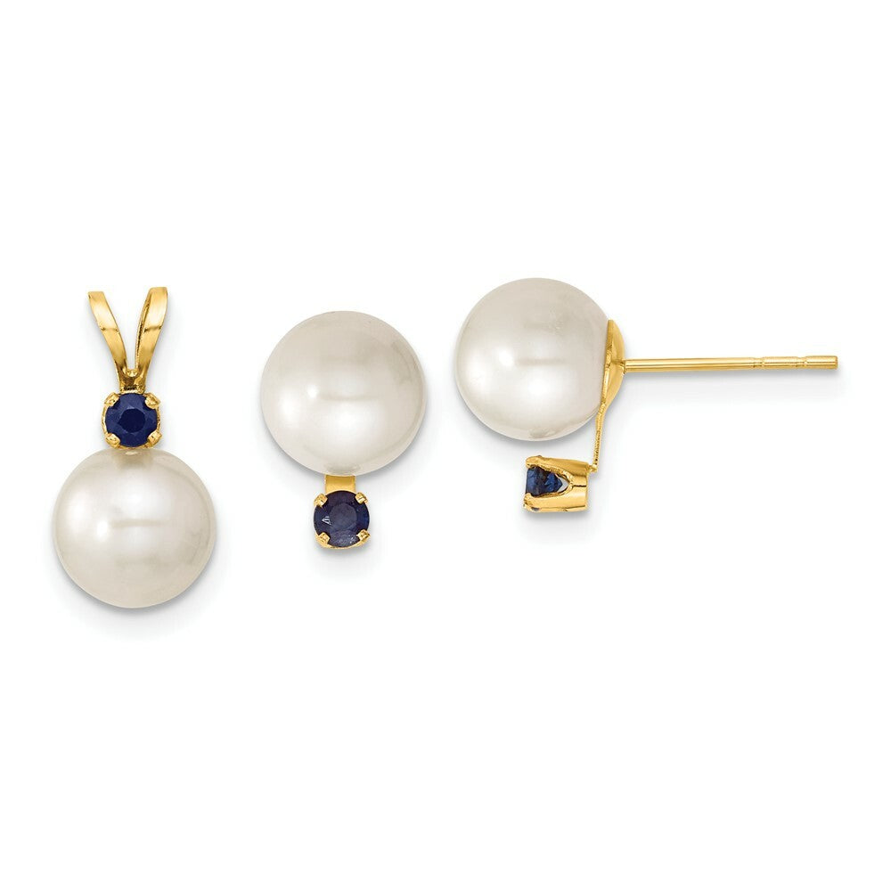 14k Yellow Gold 7-8mm White Freshwater Cultured Pearl & Sapphire Stud Ear & Pendant Set