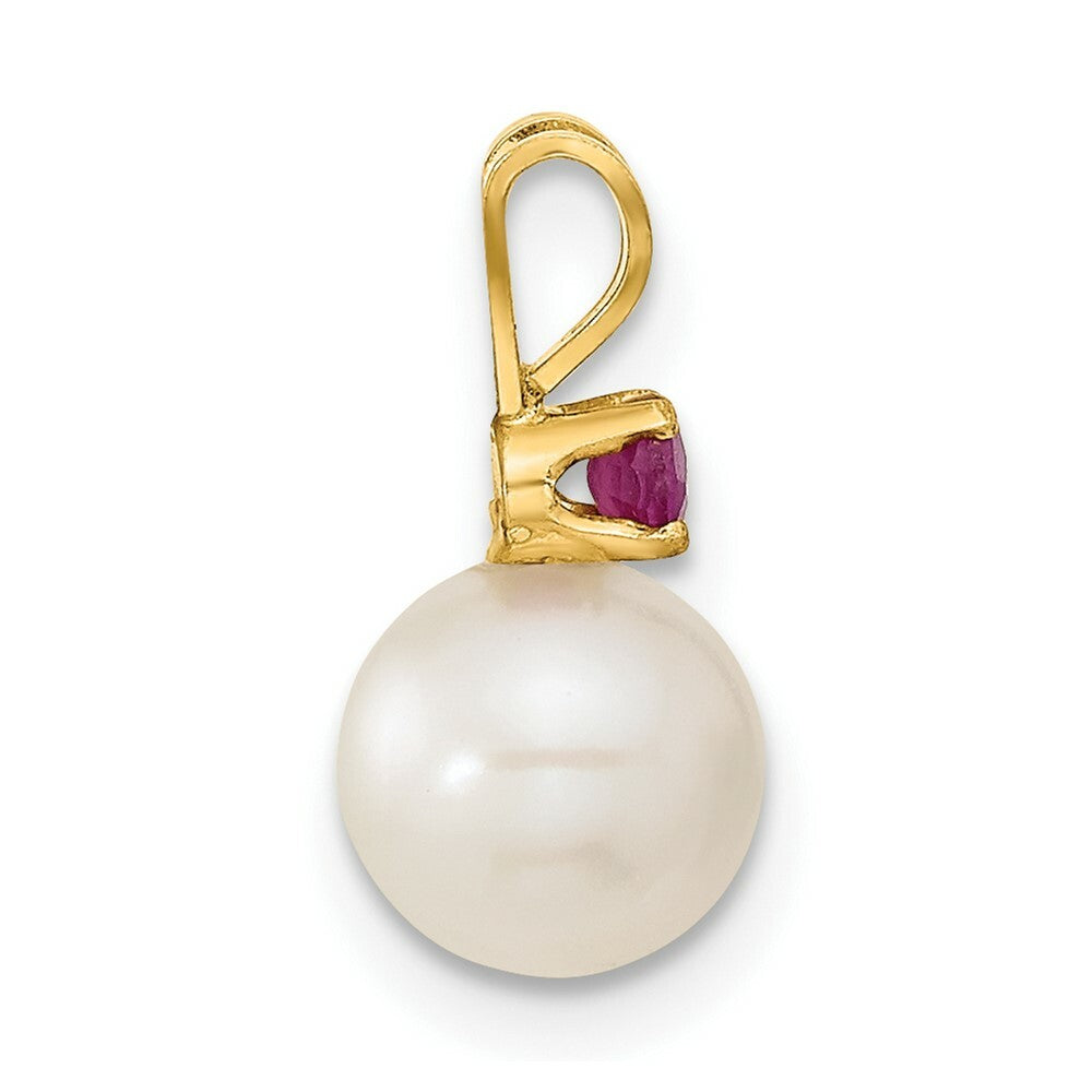 14k Yellow Gold 7-8mm White Freshwater Cultured Pearl & Ruby Stud Earrings & Pendant Set