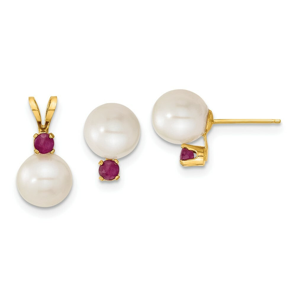 14k Yellow Gold 7-8mm White Freshwater Cultured Pearl & Ruby Stud Earrings & Pendant Set