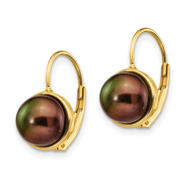 14K Yellow Gold 6-7mm Black Freshwater Cultured Button Pearl Leverback Earrings