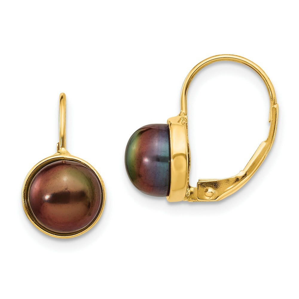 14K Yellow Gold 6-7mm Black Freshwater Cultured Button Pearl Leverback Earrings