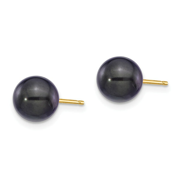 14K Yellow Gold 7-8mm Round Black Saltwater Akoya Cultured Pearl Stud Earrings