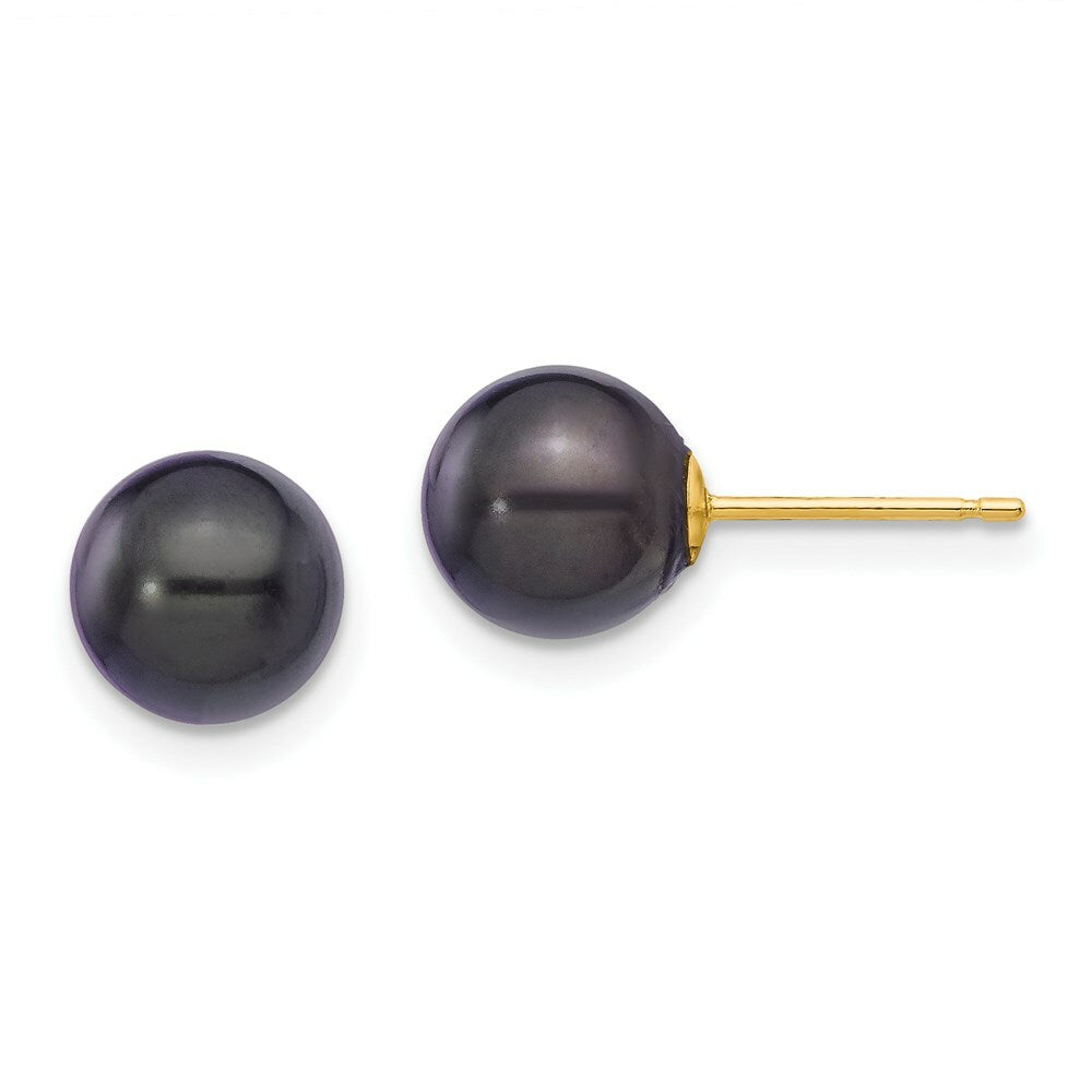 14K Yellow Gold 7-8mm Round Black Saltwater Akoya Cultured Pearl Stud Earrings
