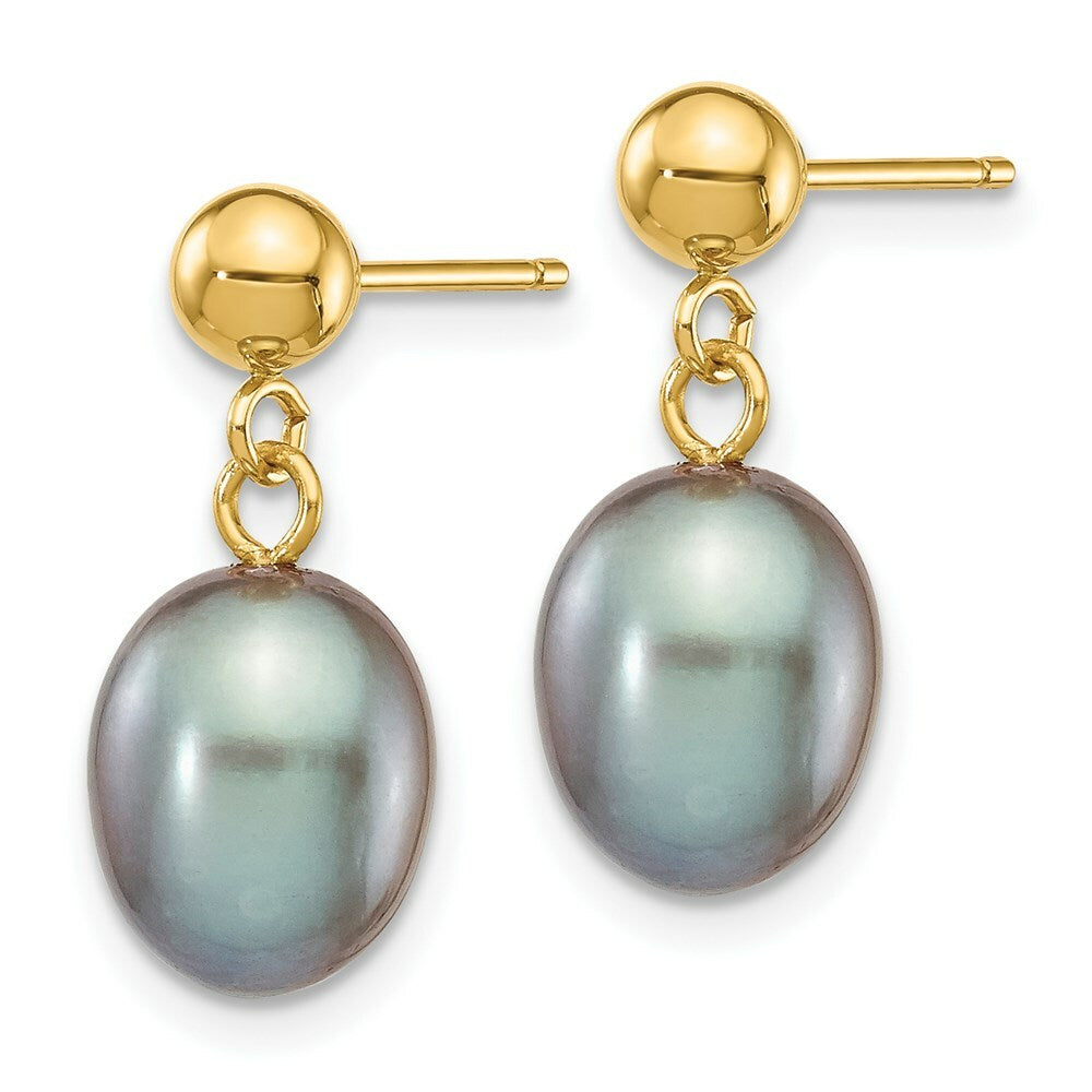 14K Yellow Gold 7-8mm Grey Freshwater Cultured Pearl Dangle Earrings