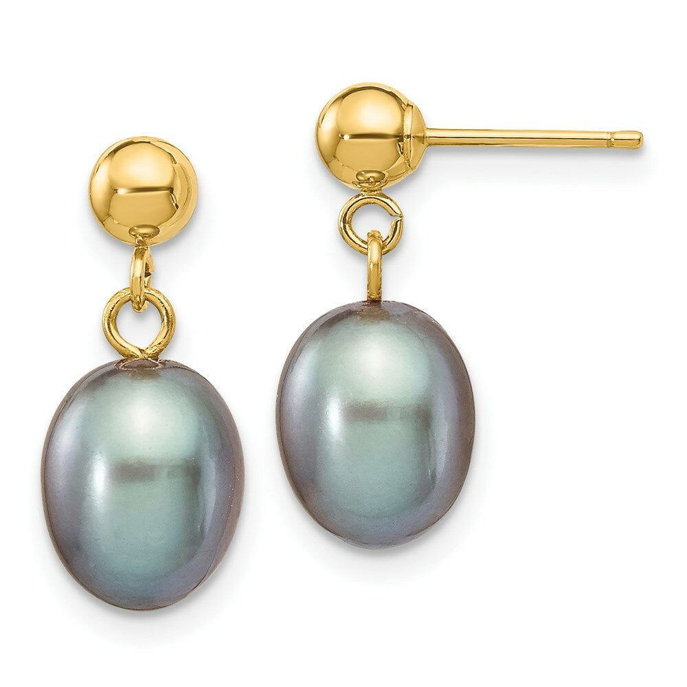 14K Yellow Gold 7-8mm Grey Freshwater Cultured Pearl Dangle Earrings