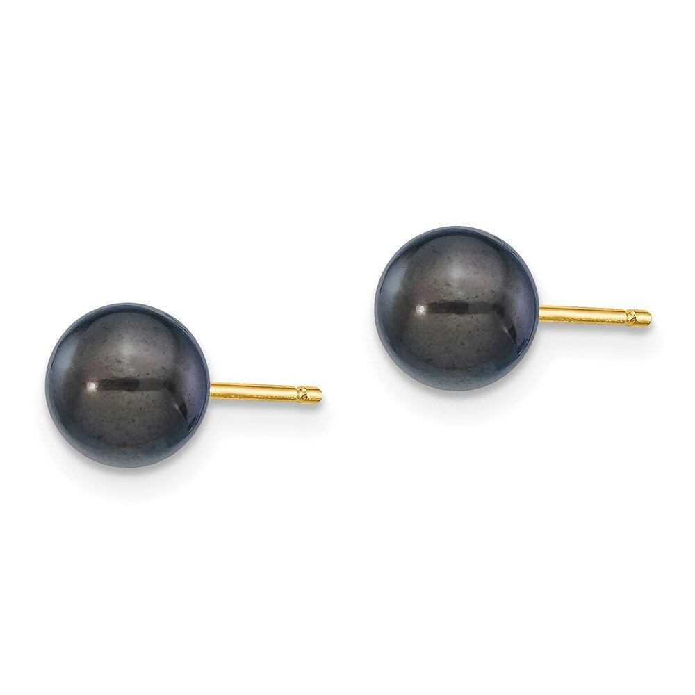 14K Yellow Gold 6-7mm Round Black Saltwater Akoya Cultured Pearl Stud Earrings