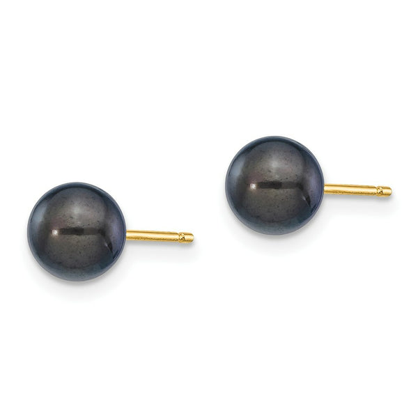 14K Yellow Gold 6-7mm Round Black Saltwater Akoya Cultured Pearl Stud Earrings