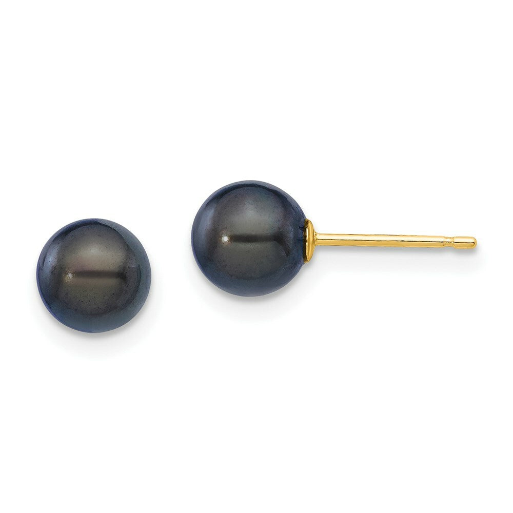 14K Yellow Gold 6-7mm Round Black Saltwater Akoya Cultured Pearl Stud Earrings