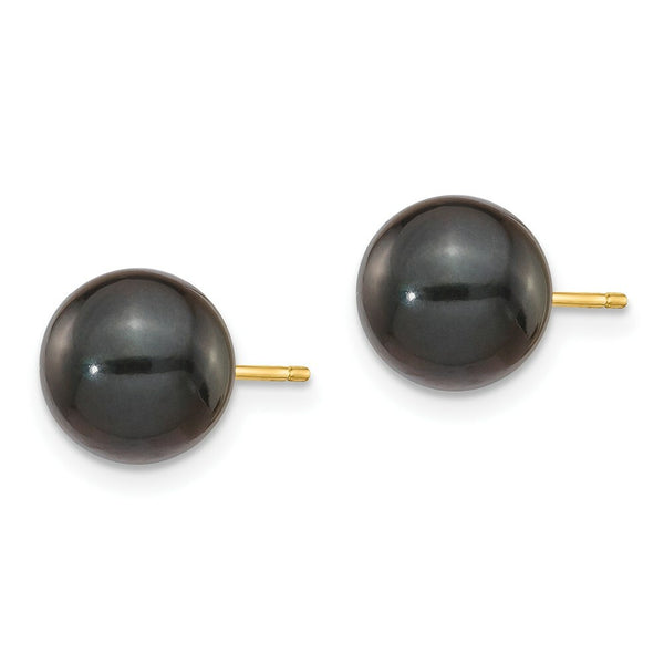 14K Yellow Gold 8-9mm Round Black Saltwater Pearl Stud Earrings