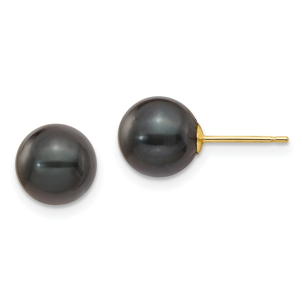 14K Yellow Gold 8-9mm Round Black Saltwater Pearl Stud Earrings