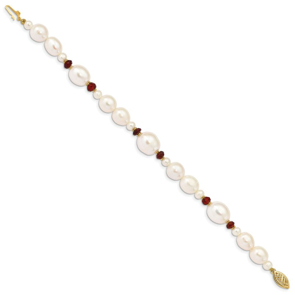 7.25" Length Bracelet 14K Yellow Gold Fresh Water Cultured Pearl and Faceted Garnet Bead Bracelet