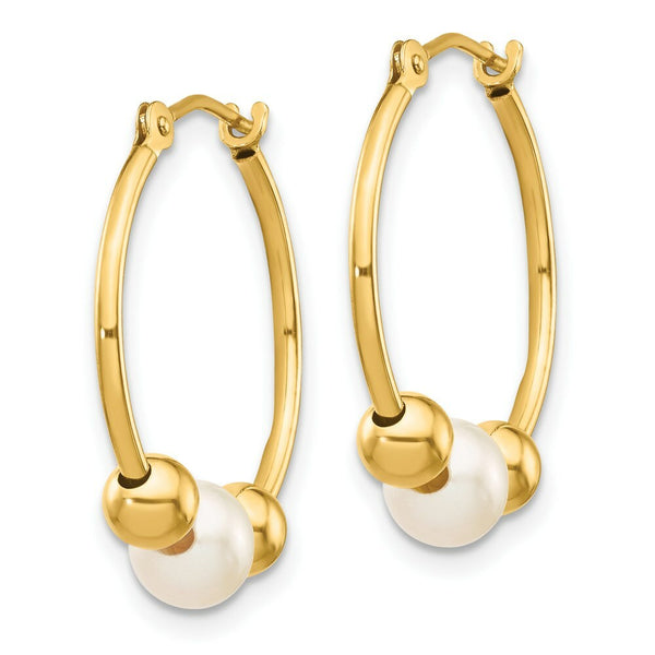 14K Polished Hoop with (5-6mm) Freshwater Cultured Pearl Earrings