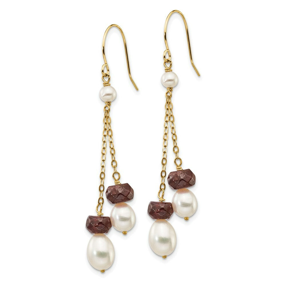 14K Fresh Water Cultured Pearl and Garnet Double Chain Drop Earrings