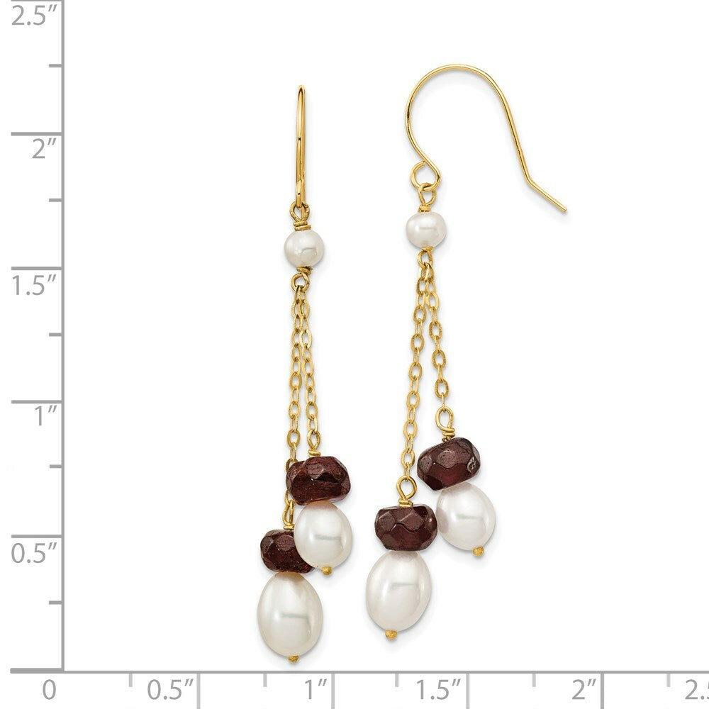 14K Fresh Water Cultured Pearl and Garnet Double Chain Drop Earrings