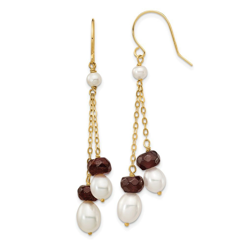 14K Fresh Water Cultured Pearl and Garnet Double Chain Drop Earrings