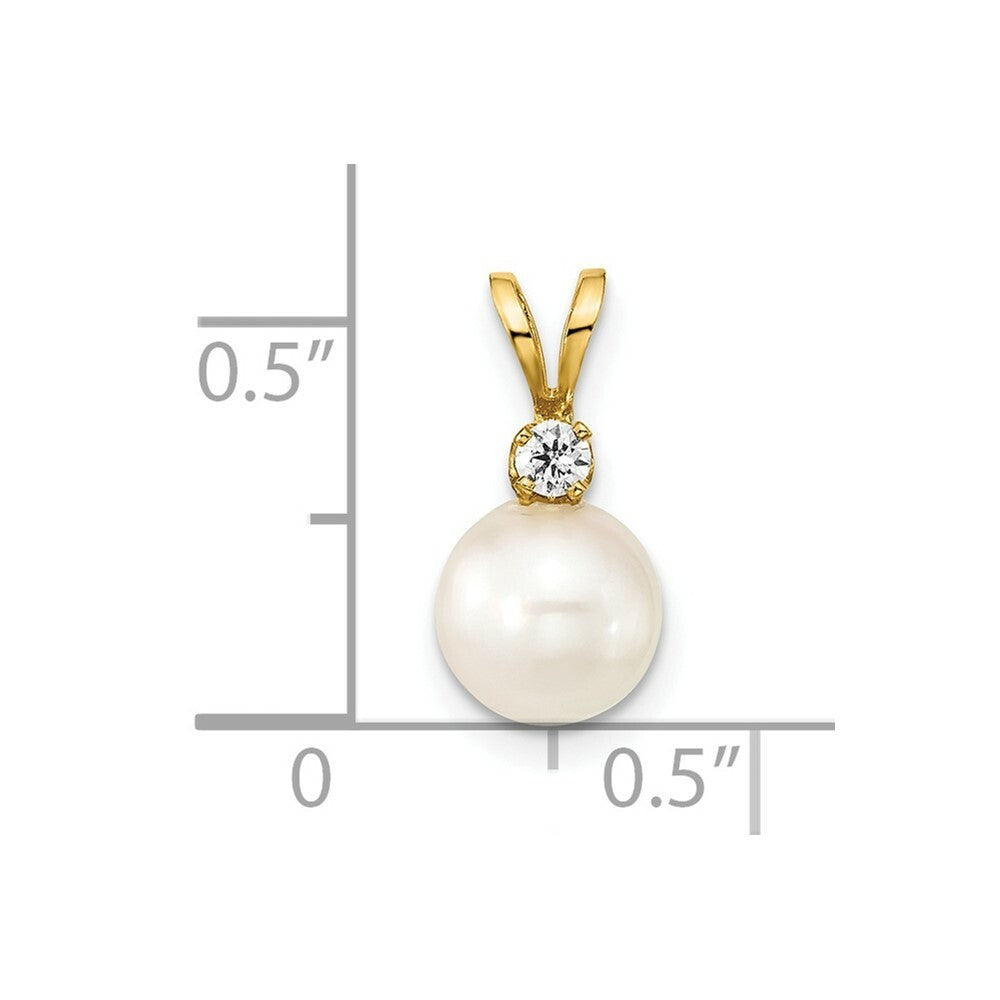 14k Yellow Gold 7-8mm Round White Saltwater Akoya Cultured Pearl Diamond Pendant