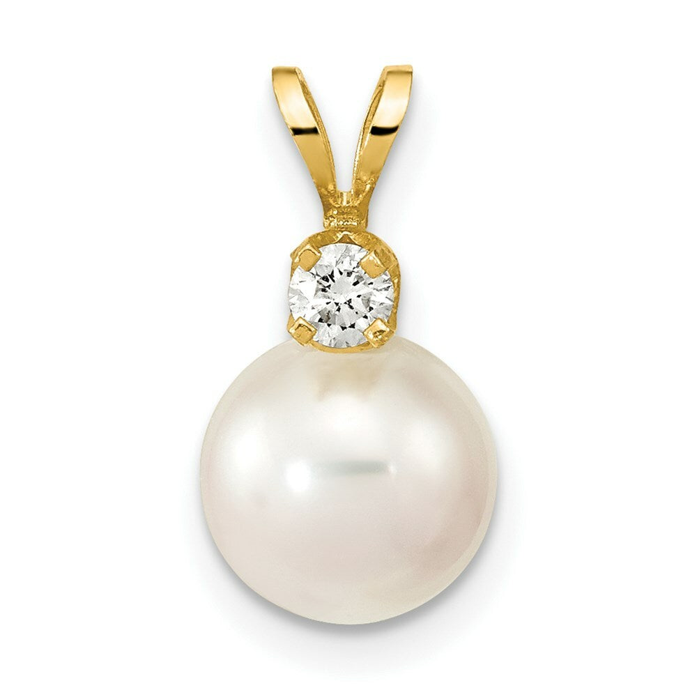 14k Yellow Gold 8-9mm Round White Saltwater Akoya Cultured Pearl Diamond Pendant