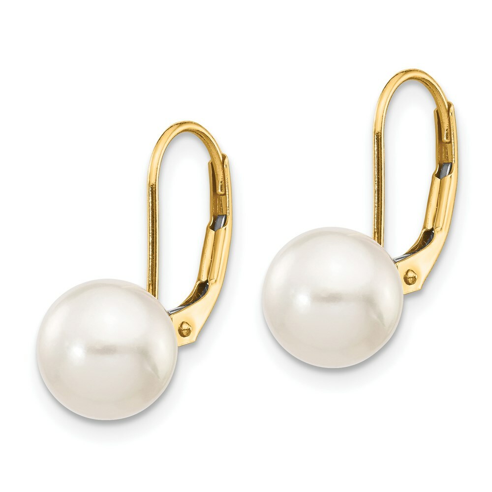 14K Yellow Gold 8-9mm Round White Saltwater Akoya Cultured Pearl Leverback Earring