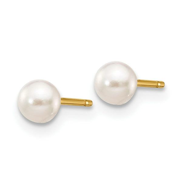 14K Yellow Gold 3-4mm Round White Saltwater Akoya Cultured Pearl Post Earrings