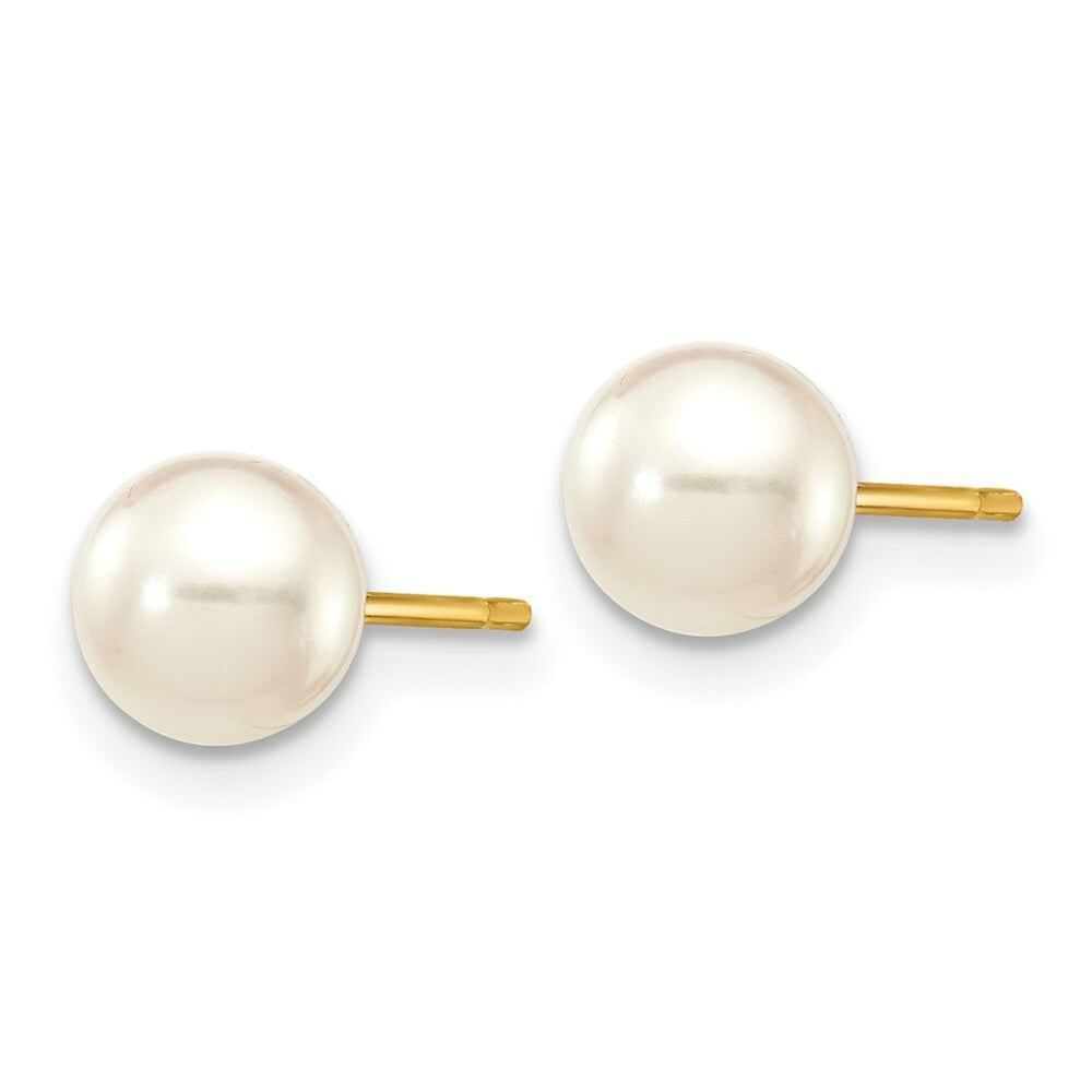 14K Yellow Gold 5-6mm Round White Saltwater Akoya Cultured Pearl Post Earrings