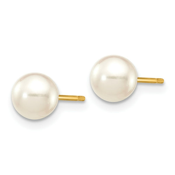 14K Yellow Gold 5-6mm Round White Saltwater Akoya Cultured Pearl Post Earrings