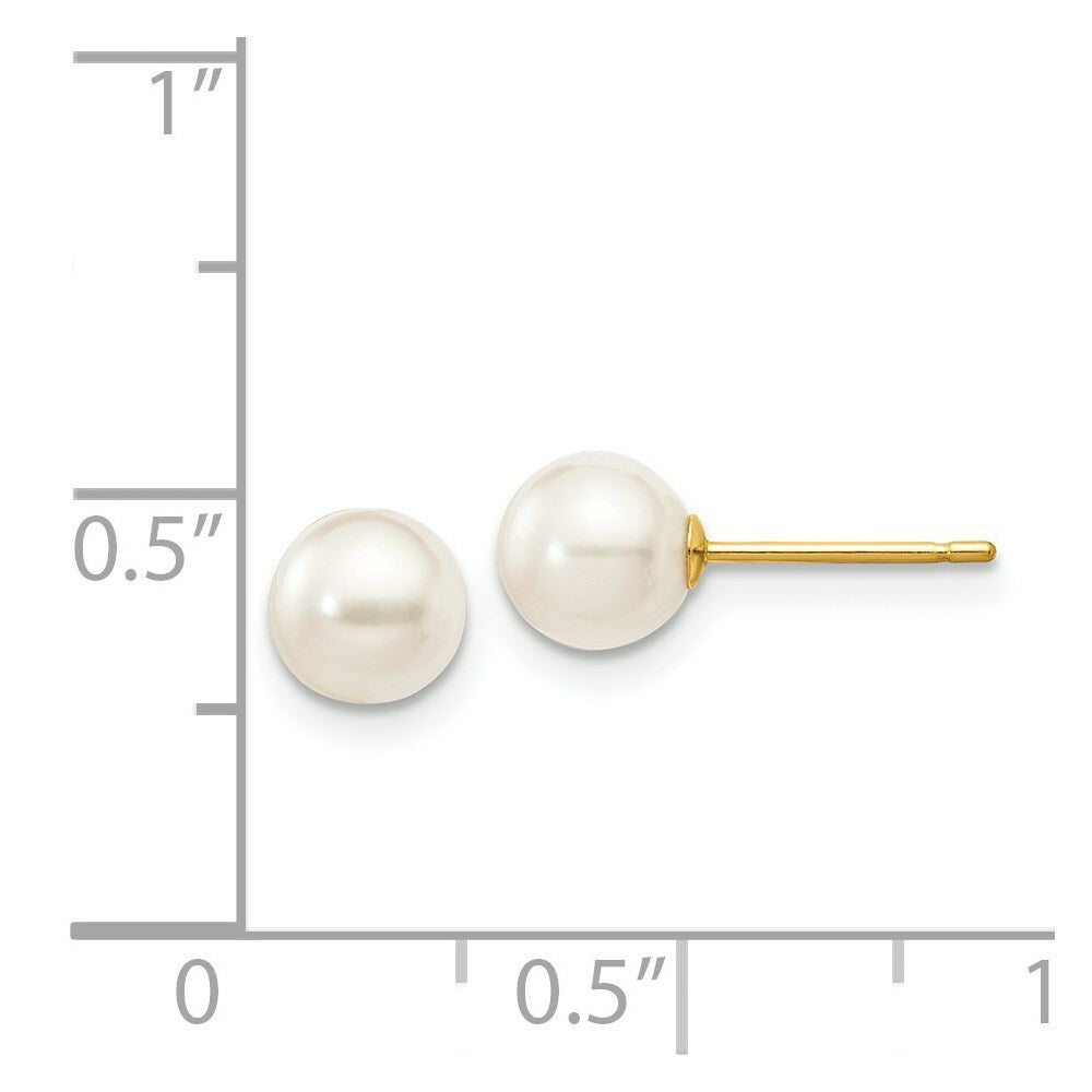 14K Yellow Gold 5-6mm Round White Saltwater Akoya Cultured Pearl Post Earrings