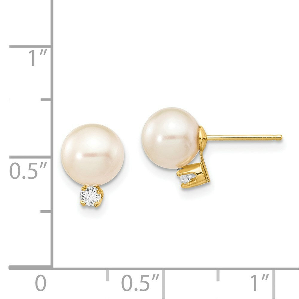 14K Yellow Gold Diamond 7-8mm Round White Freshwater Cultured Pearl Studs 1/10-Carat tw