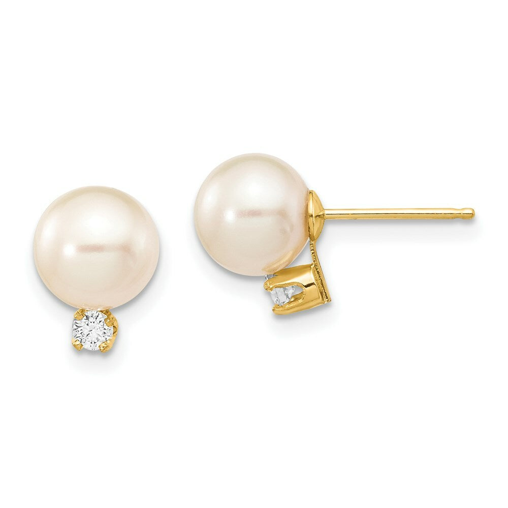 14K Yellow Gold Diamond 7-8mm Round White Freshwater Cultured Pearl Studs 1/10-Carat tw