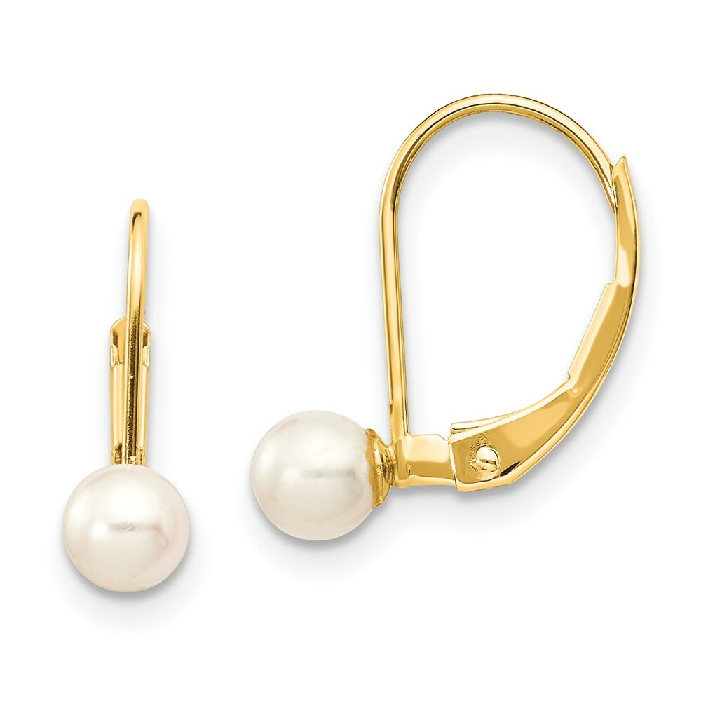 14K Yellow Gold 4-5mm White Freshwater Cultured Pearl Leverback Earrings