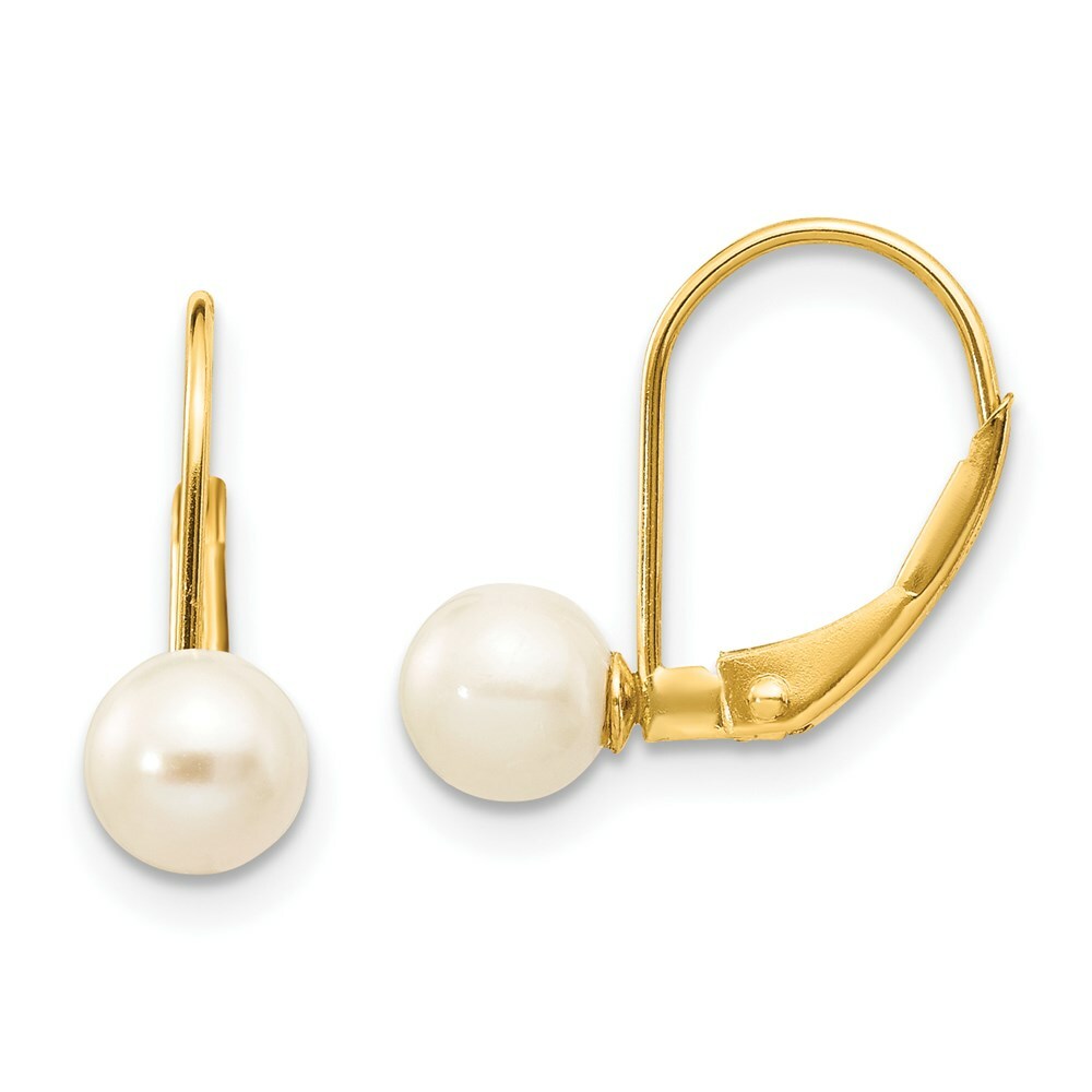14K Yellow Gold 5-6mm White Freshwater Cultured Pearl Leverback Earrings