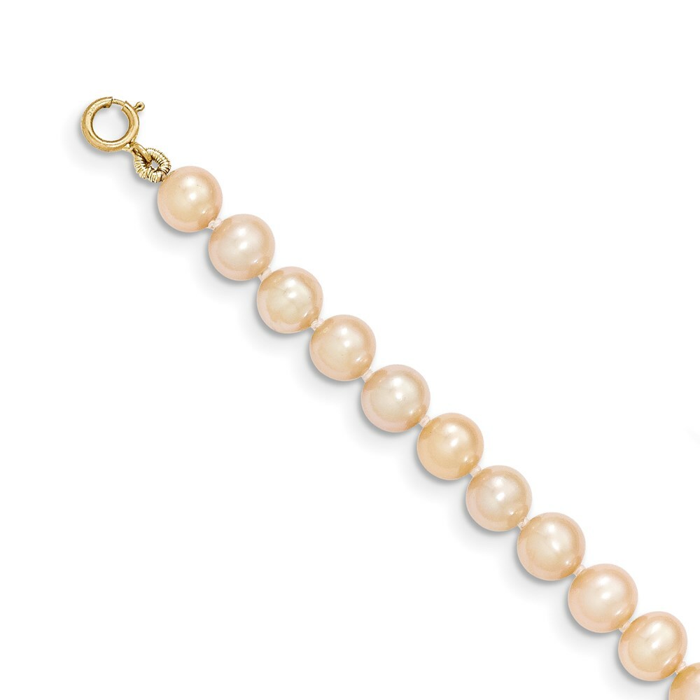 14K Yellow Gold 5-6mm Egg Pink Freshwater Cultured Pearl Girls Bracelet  length: 4 inches