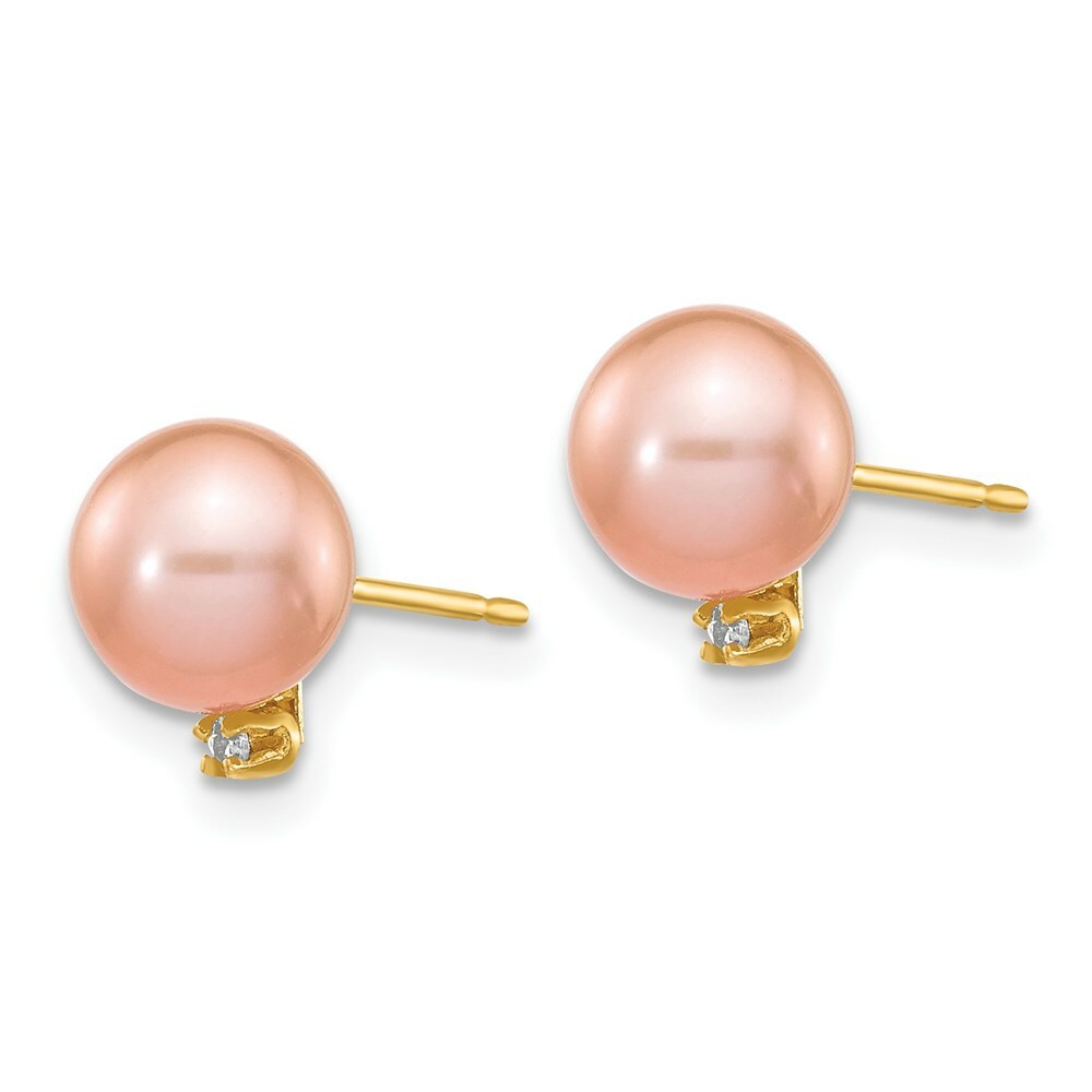 14K Yellow Gold 5-6mm Round Pink Freshwater Cultured Pearl Diamond Post Earrings 0.02-Carat tw