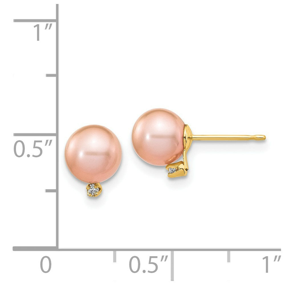 14K Yellow Gold 5-6mm Round Pink Freshwater Cultured Pearl Diamond Post Earrings 0.02-Carat tw
